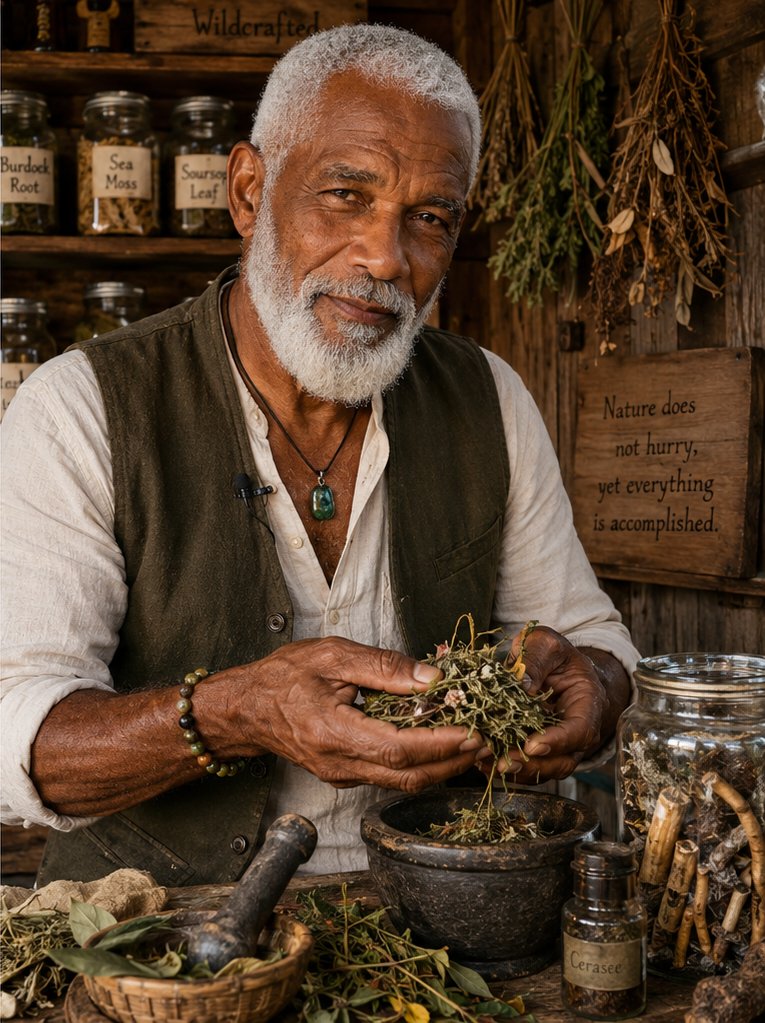 Calvin Caye in his Caribbean herb cabin