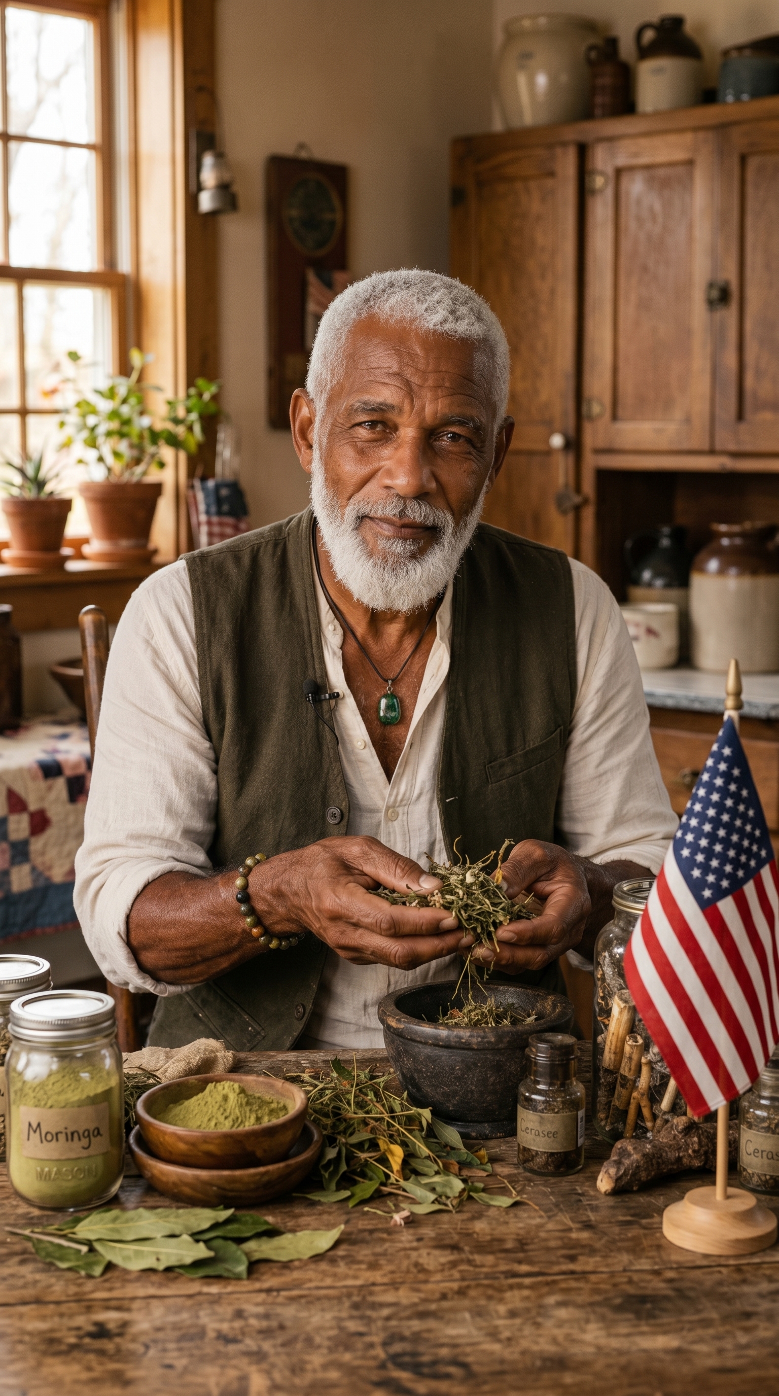 Calvin Caye at his American kitchen table with Caribbean herbs